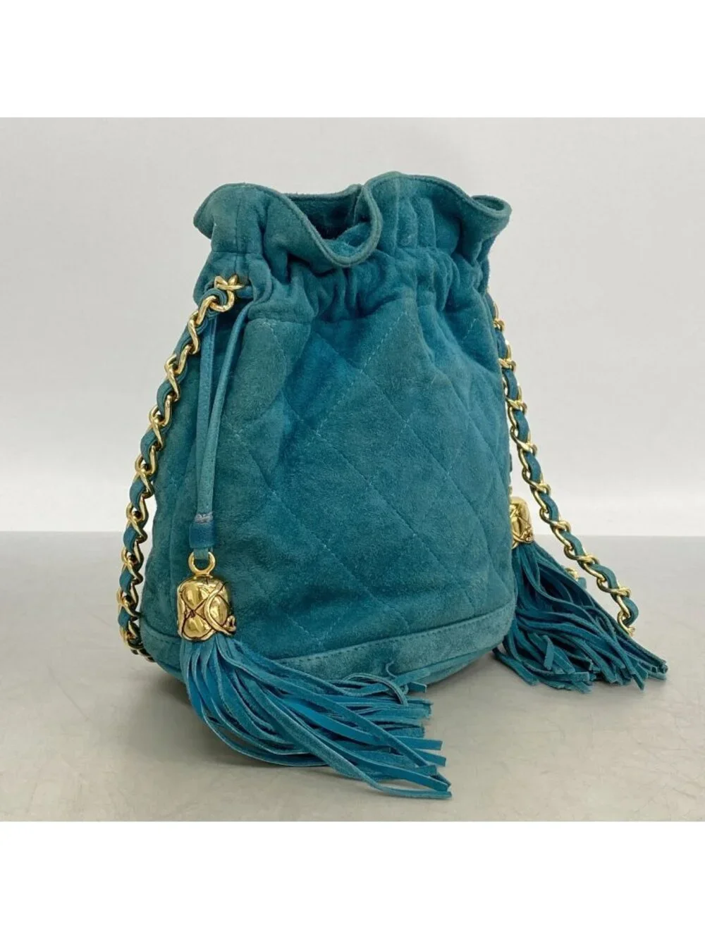 Chanel Shoulder Bag Quilted Suede Turquoise Blue Gold